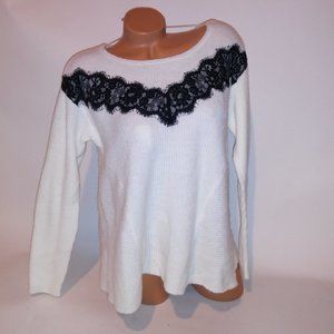 Elle Sweater Women Small Black Lace Scoop Neck‎ Long Sleeve Marshmallow New